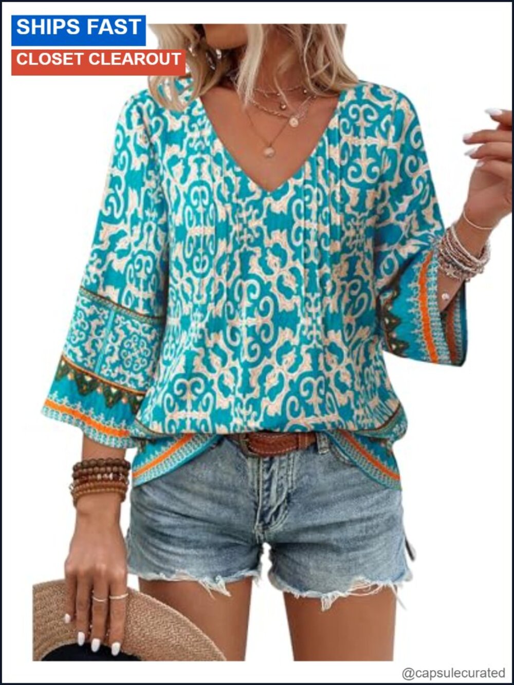Boho V-Neck 3/4 Sleeve Linen-Like Rayon Blend Tunic Top